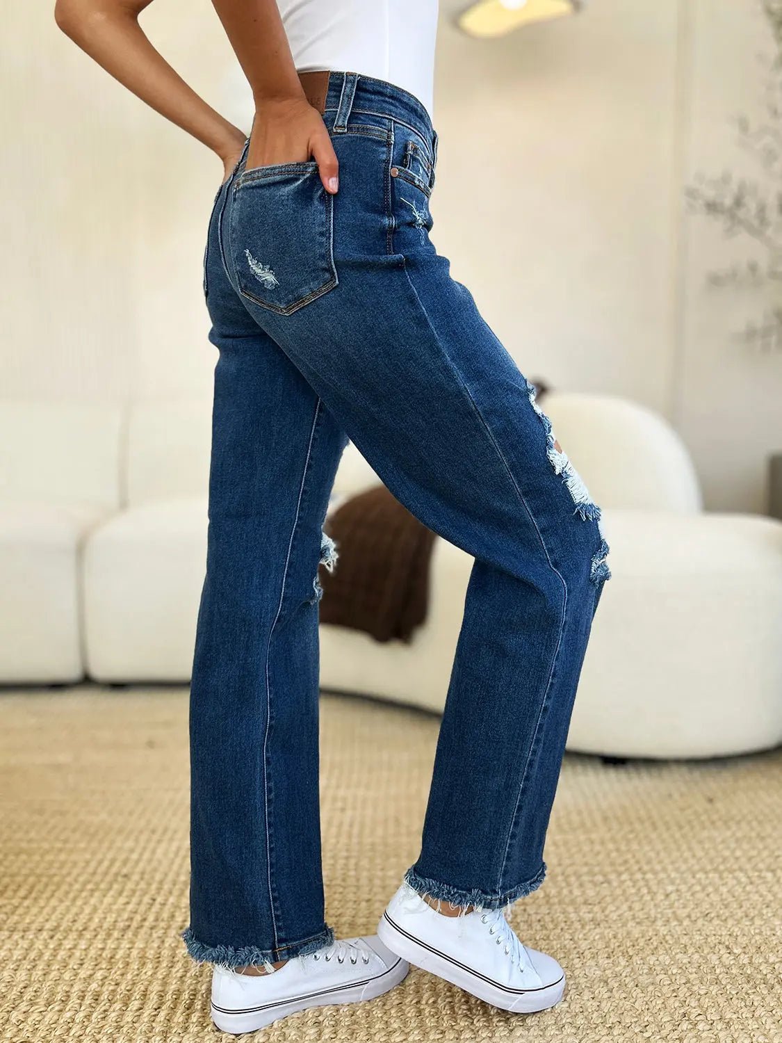 Judy Blue Full Size Mid Rise Distressed Raw Hem Jeans - Celeste