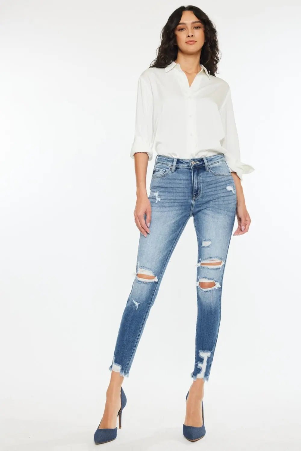 Kancan High Rise Frayed Ankle Skinny Jeans - Celeste    