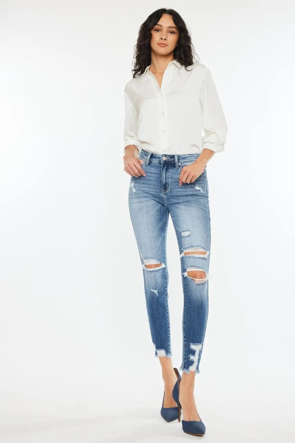 Kancan High Rise Frayed Ankle Skinny Jeans - Celeste    