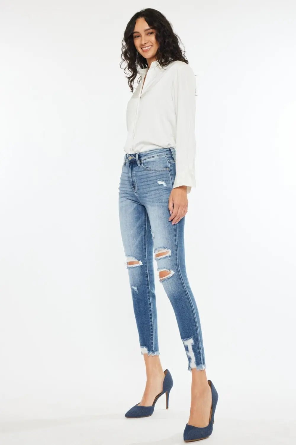 Kancan High Rise Frayed Ankle Skinny Jeans - Celeste    