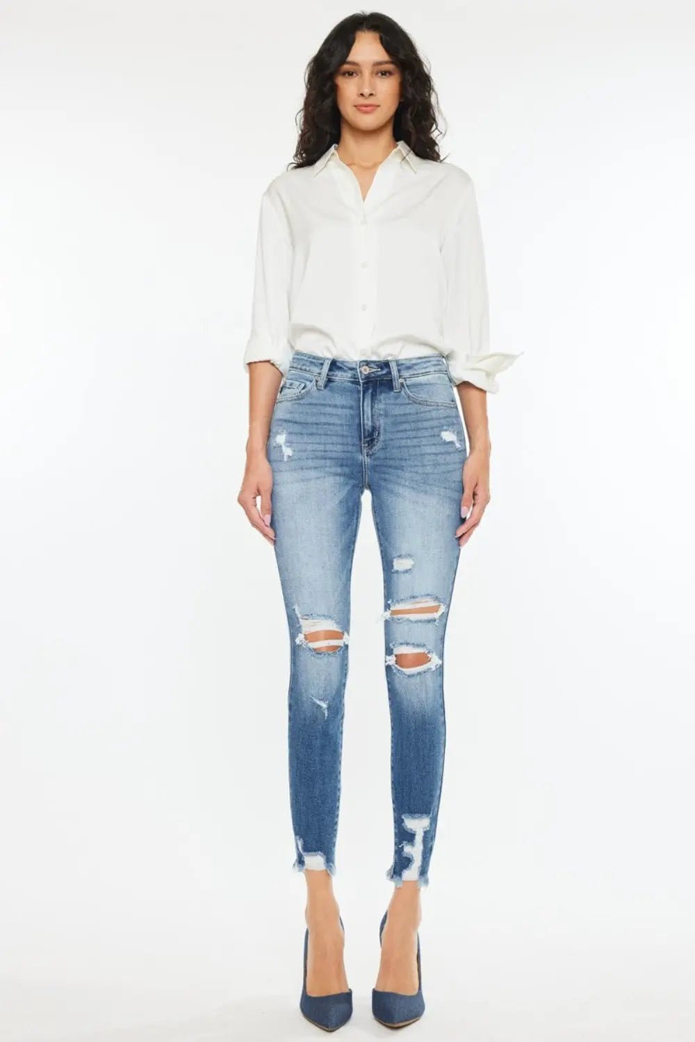 Kancan High Rise Frayed Ankle Skinny Jeans - Celeste    