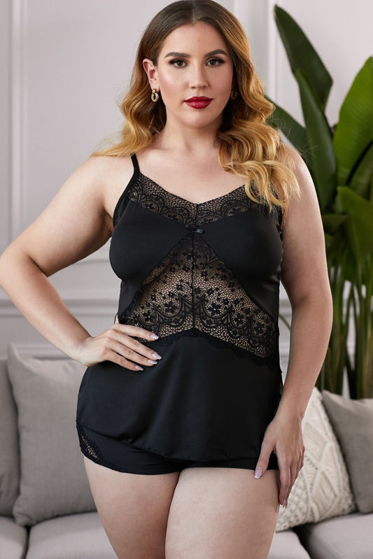 Lace Insert Plus Size Pajamas Set - Celeste