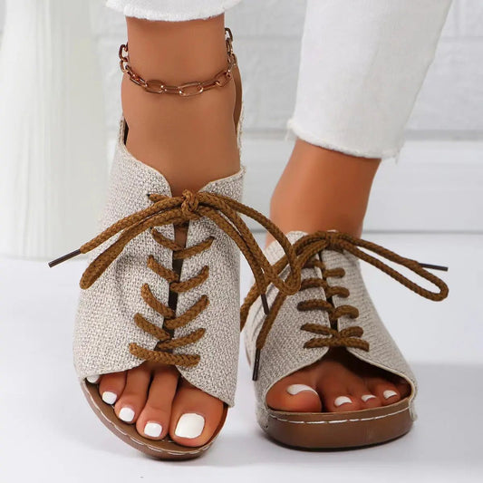 Lace - Up Open Toe Wedge Sandals - Celeste