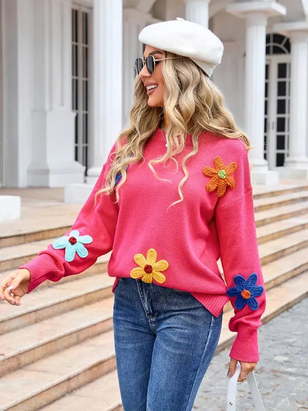 Ladies new floral loose round neck sweater - Celeste