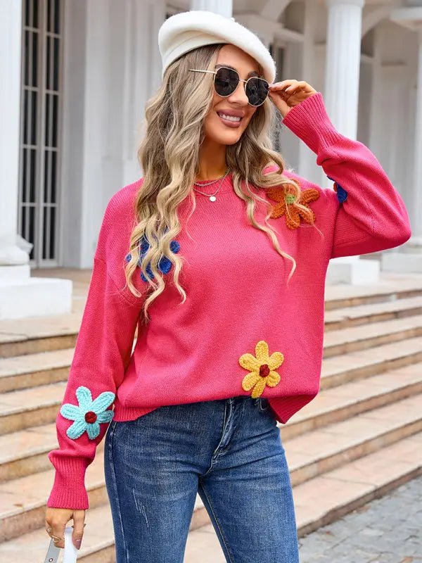 Ladies new floral loose round neck sweater - Celeste