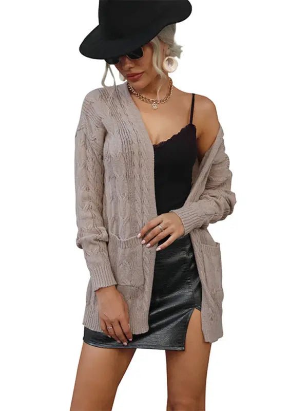 Ladies Twist Long Sleeve Solid Color Sweater Cardigan Jacket - Celeste