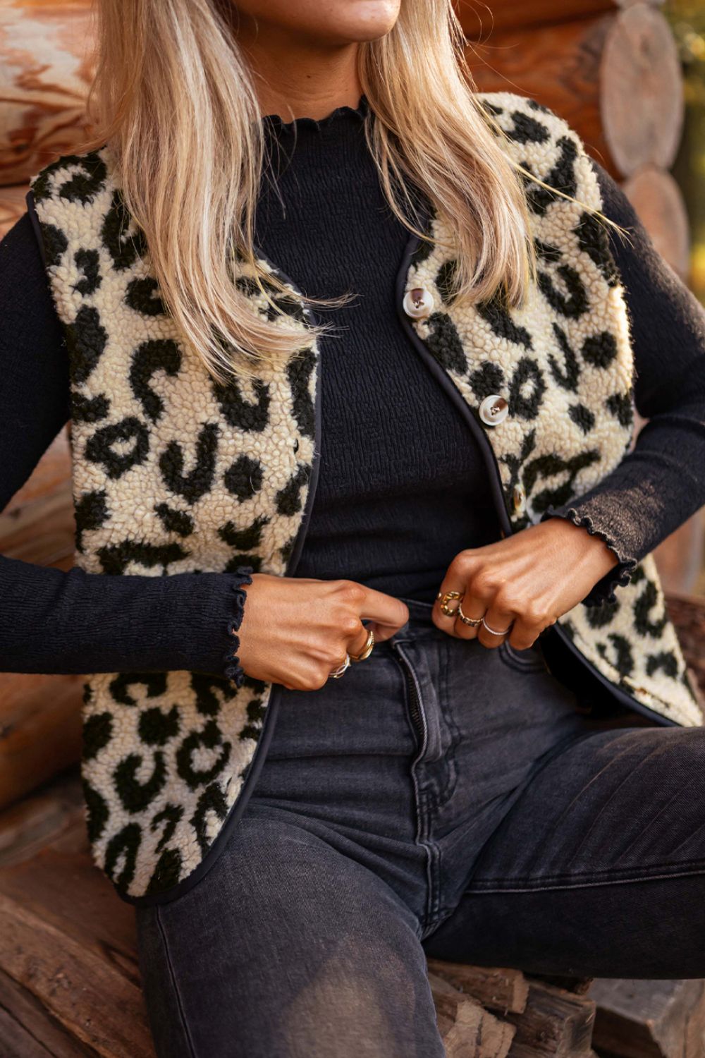 Leopard Button Up Vest Coat - Celeste