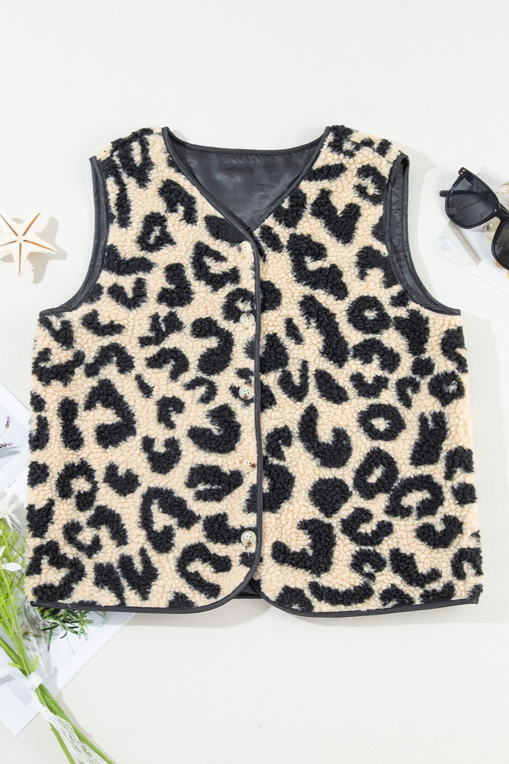 Leopard Button Up Vest Coat - Celeste