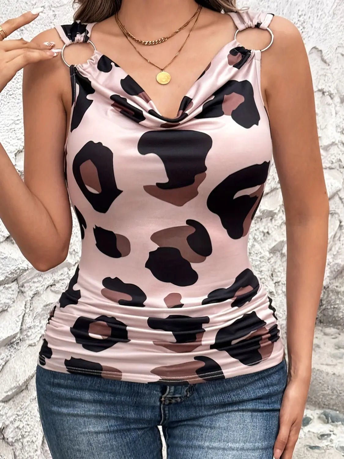 Leopard Cowl Neck Wide Strap Top - Celeste