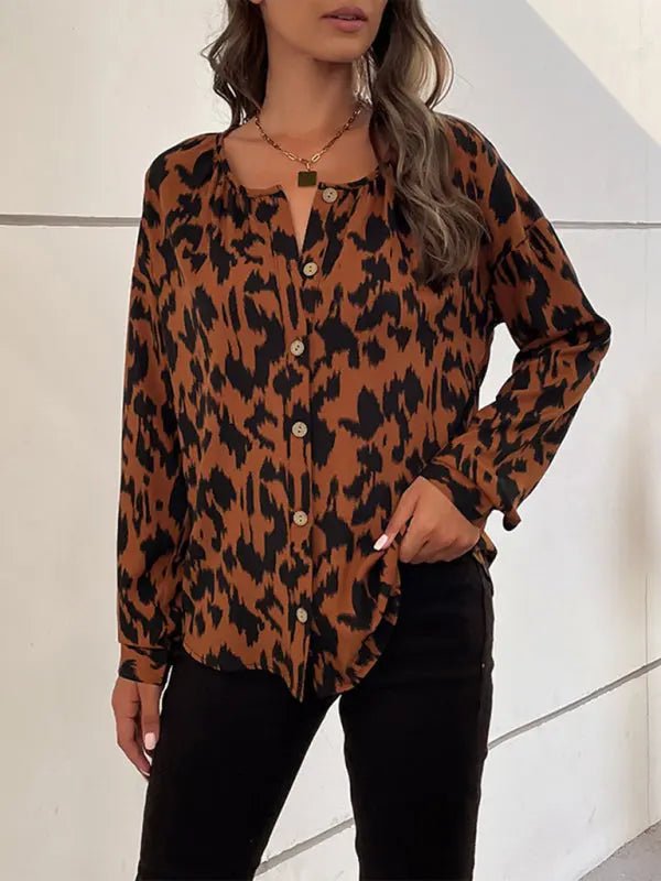 Leopard Print Casual Cardigan Long - sleeved Shirt - Celeste