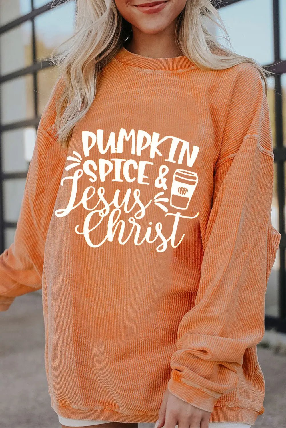 Letter Graphic Round Neck Long Sleeve Oversize Sweatshirt - Celeste