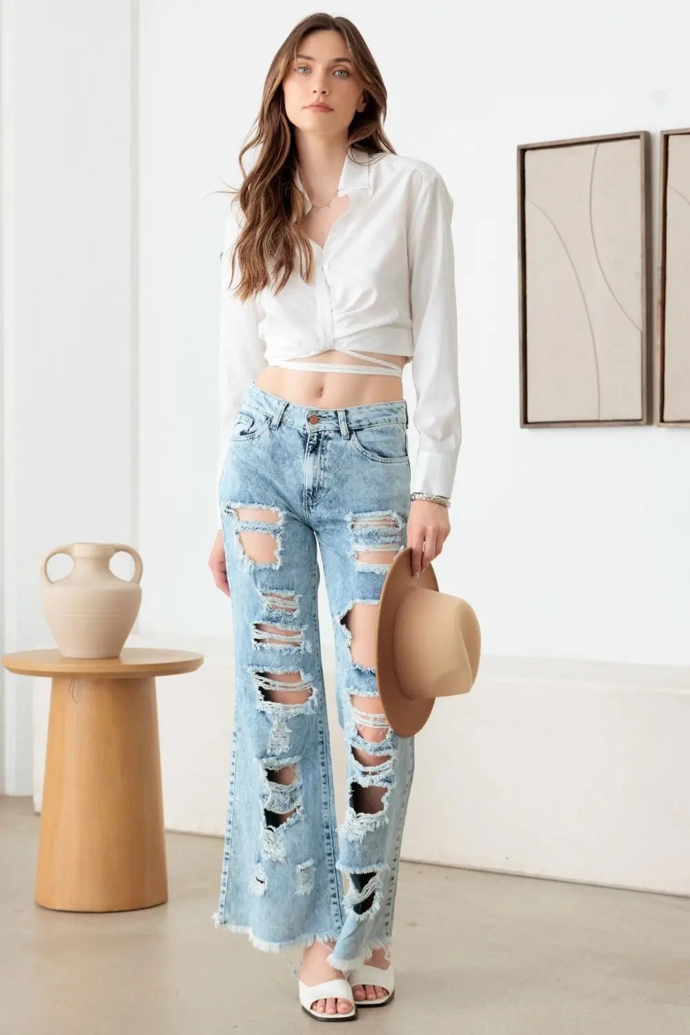 Litz La Distressed Frayed Hem Flare Jeans - Celeste