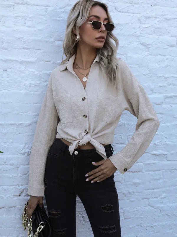 Long Sleeve Solid Button Down Top - Celeste