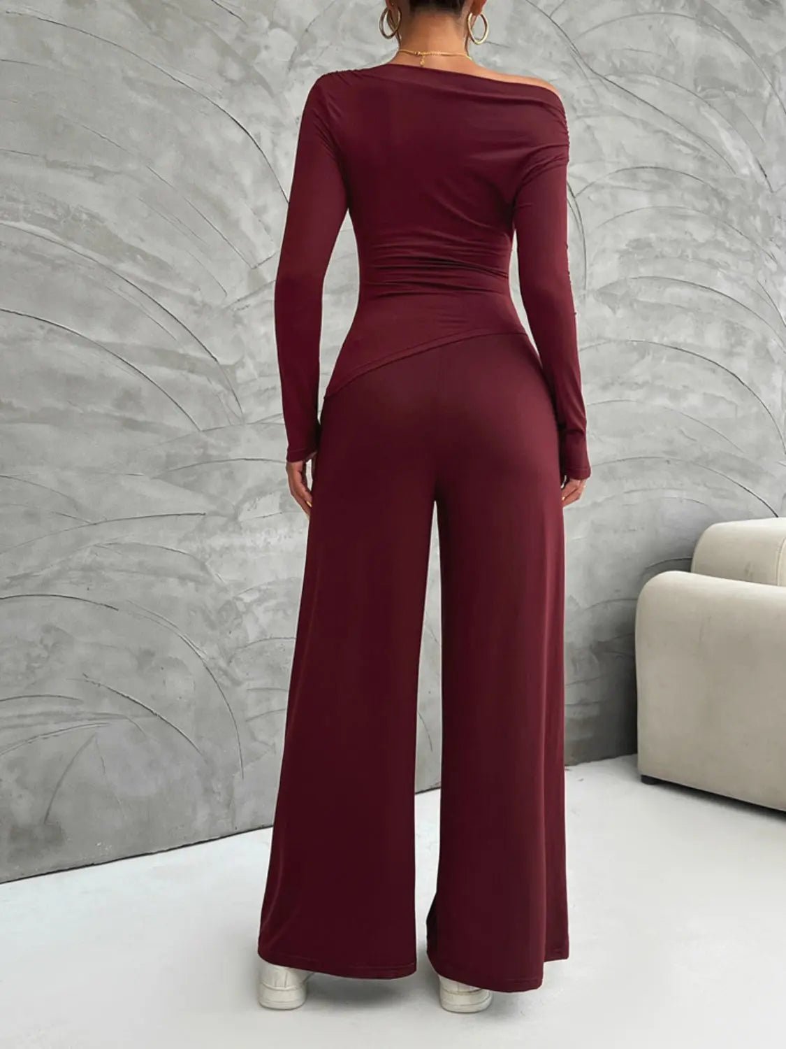 Long Sleeve Top and Wide Leg Pants Set - Celeste