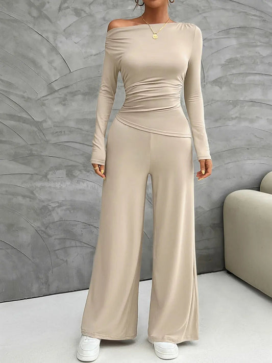 Long Sleeve Top and Wide Leg Pants Set - Celeste