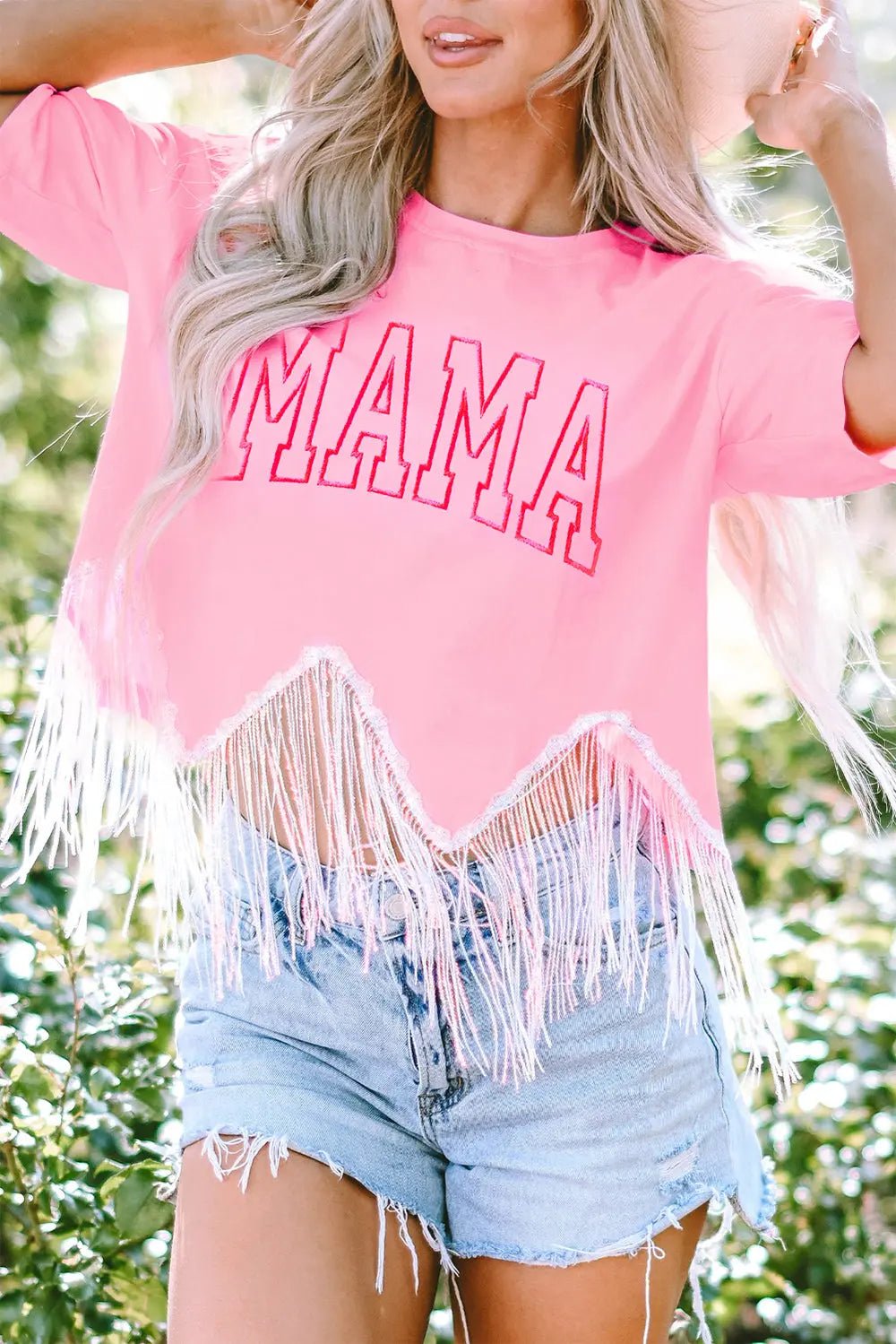 MAMA Sequin Fringe Round Neck T - Shirt - Celeste