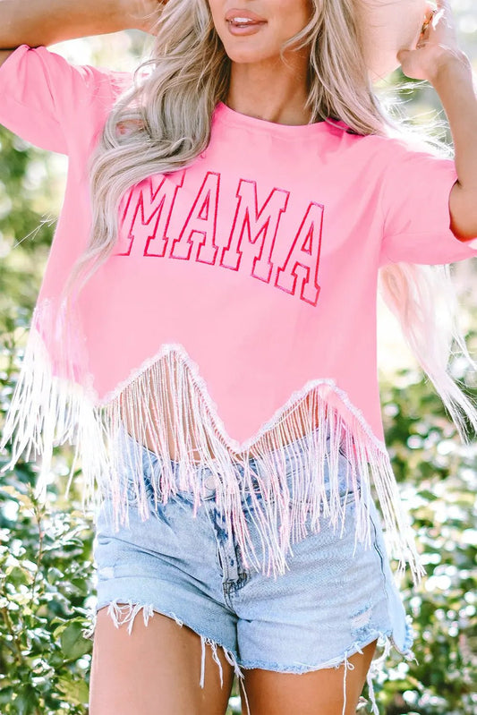 MAMA Sequin Fringe Round Neck T - Shirt - Celeste