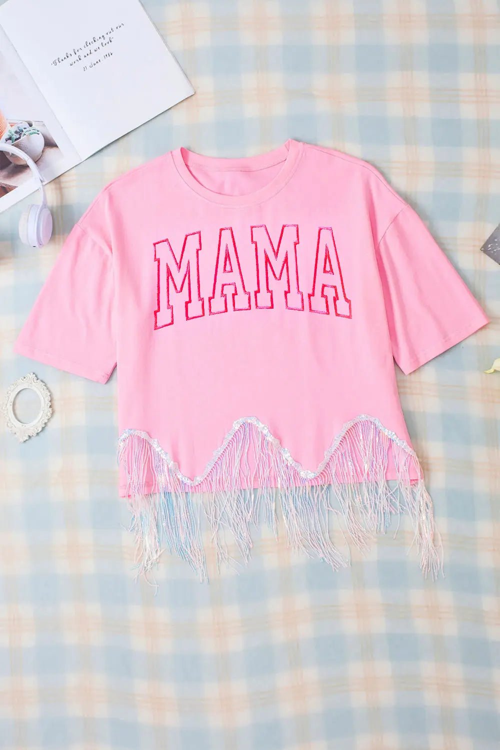 MAMA Sequin Fringe Round Neck T - Shirt - Celeste