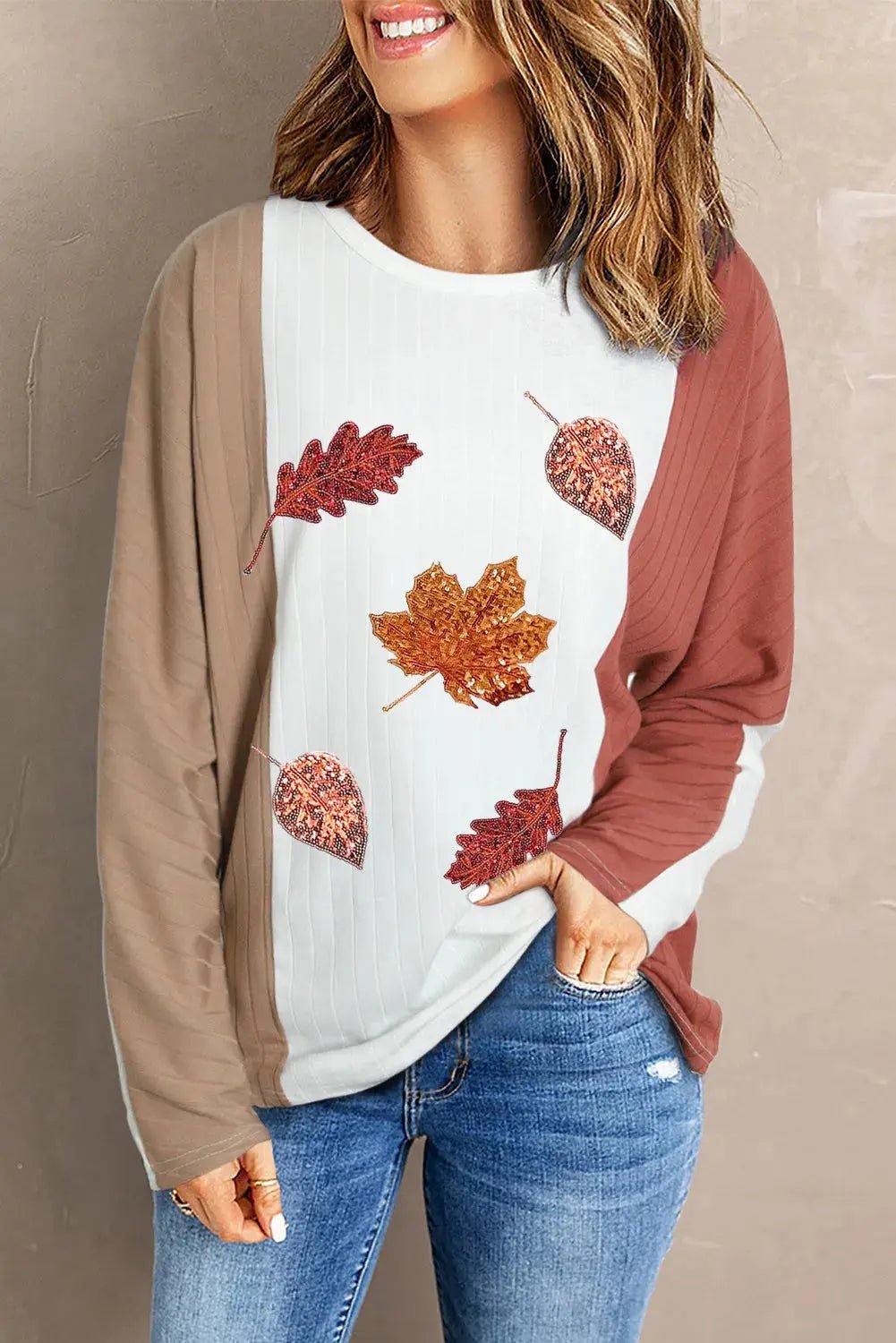 Maple Leaf Round Neck Long Sleeve T - Shirt - Celeste