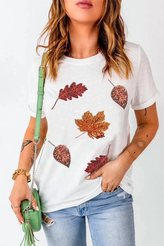 Maple Leaf Round Neck Short Sleeve T - Shirt - Celeste