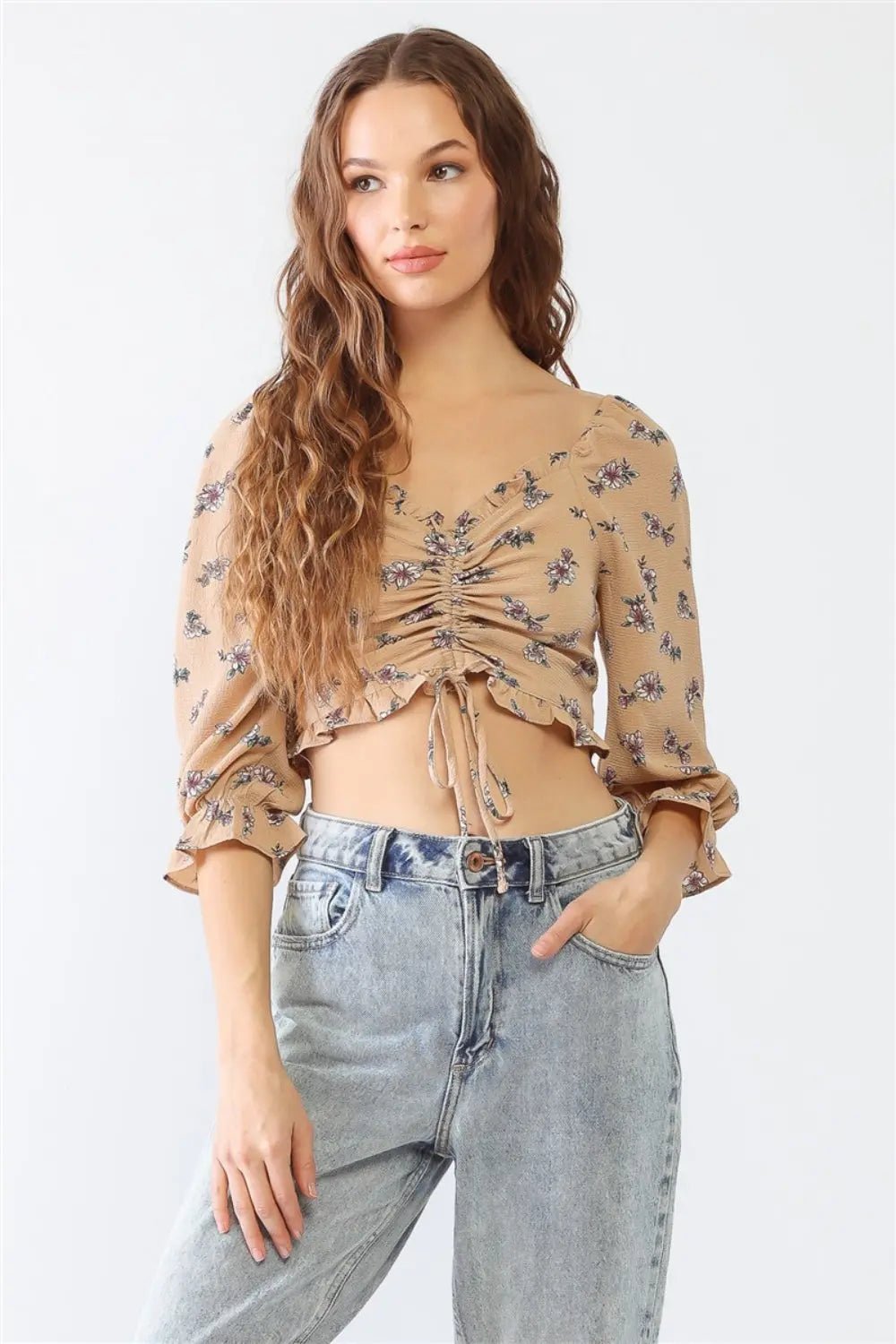 Miss Love / Kevin Co. Floral Ruffle Smocked Back Ruched Crop Top - Celeste