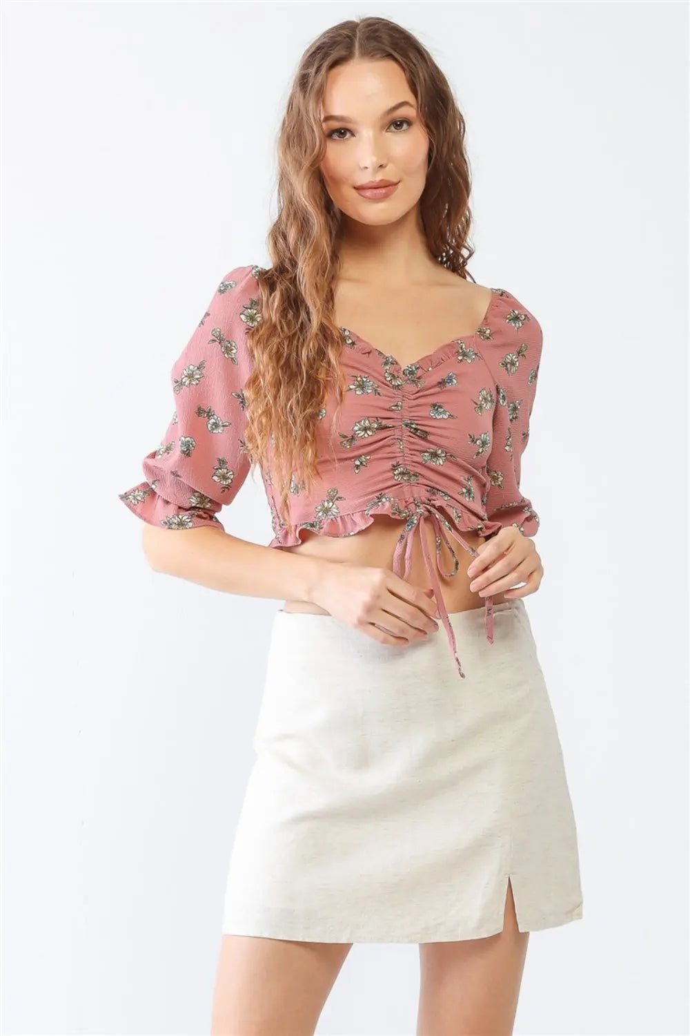 Miss Love / Kevin Co. Floral Ruffle Smocked Back Ruched Crop Top - Celeste