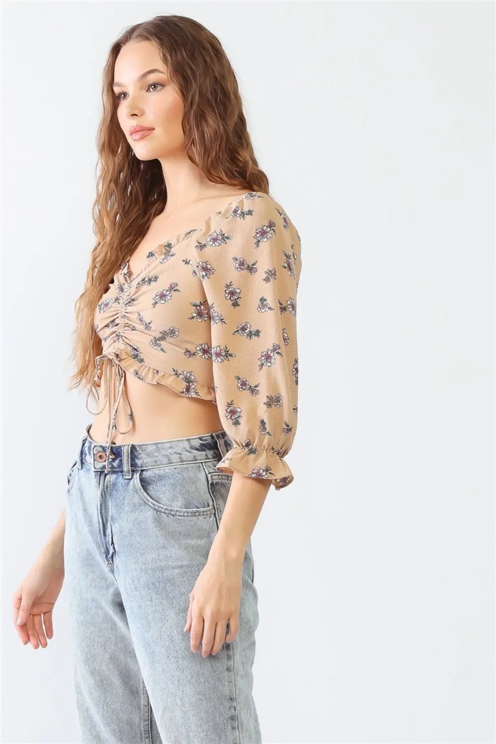 Miss Love / Kevin Co. Floral Ruffle Smocked Back Ruched Crop Top - Celeste