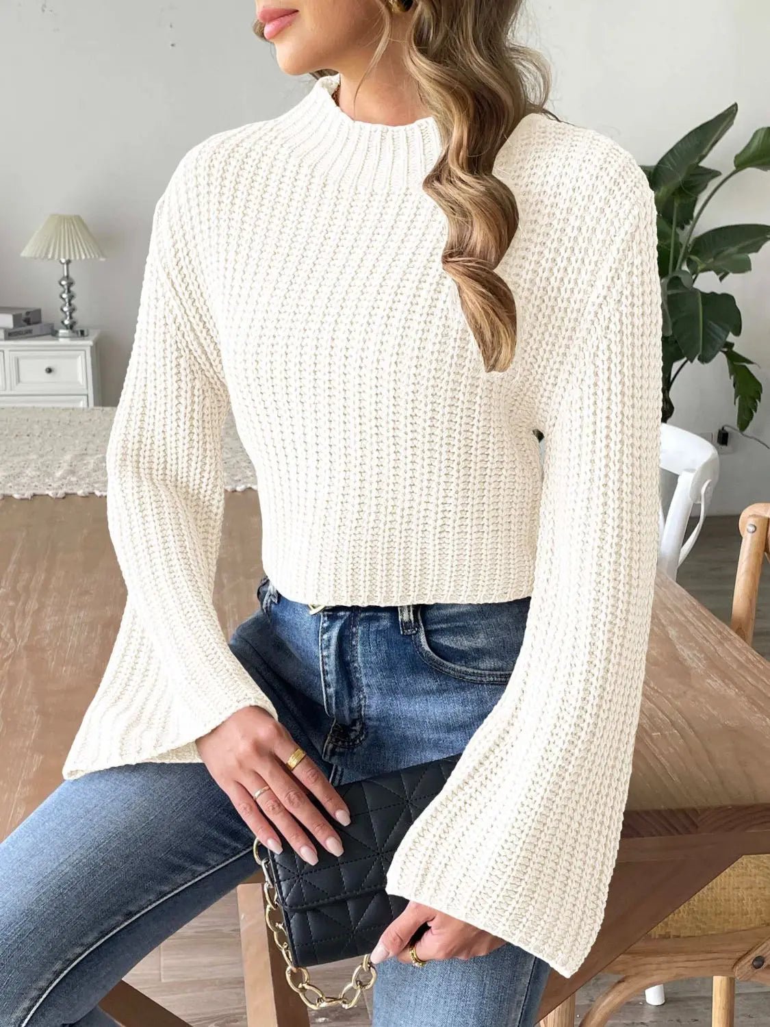 Mock Neck Long Sleeve Sweater - Celeste