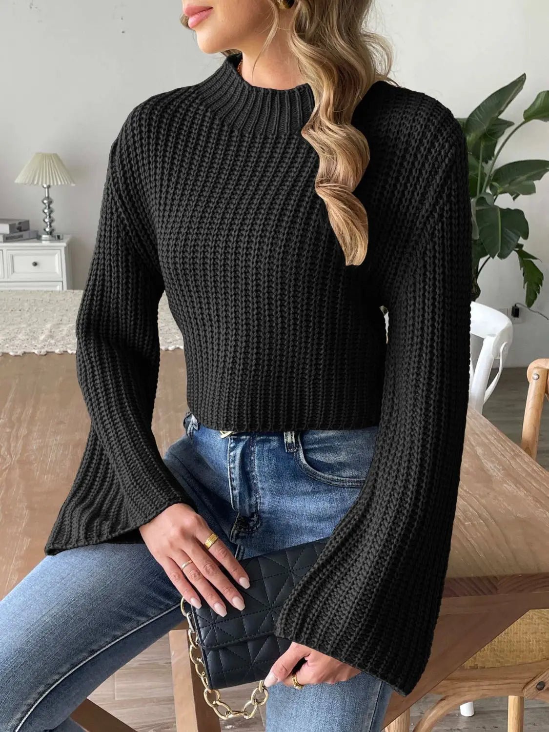 Mock Neck Long Sleeve Sweater - Celeste