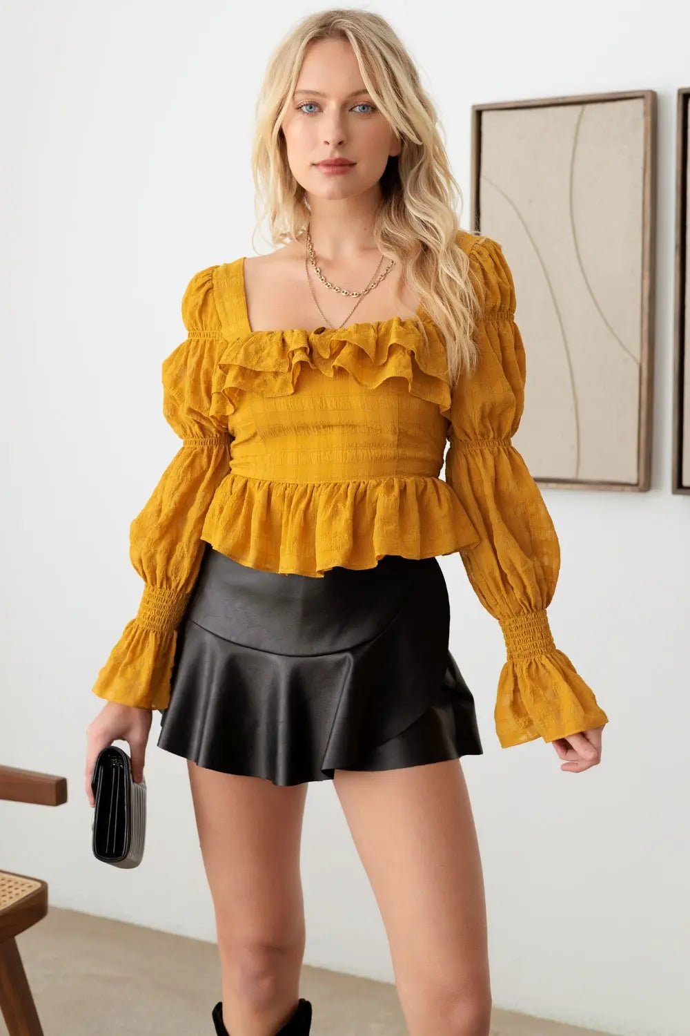 Mustard Seed Boho Shirred Smocked Peplum Long Sleeve Top - Celeste