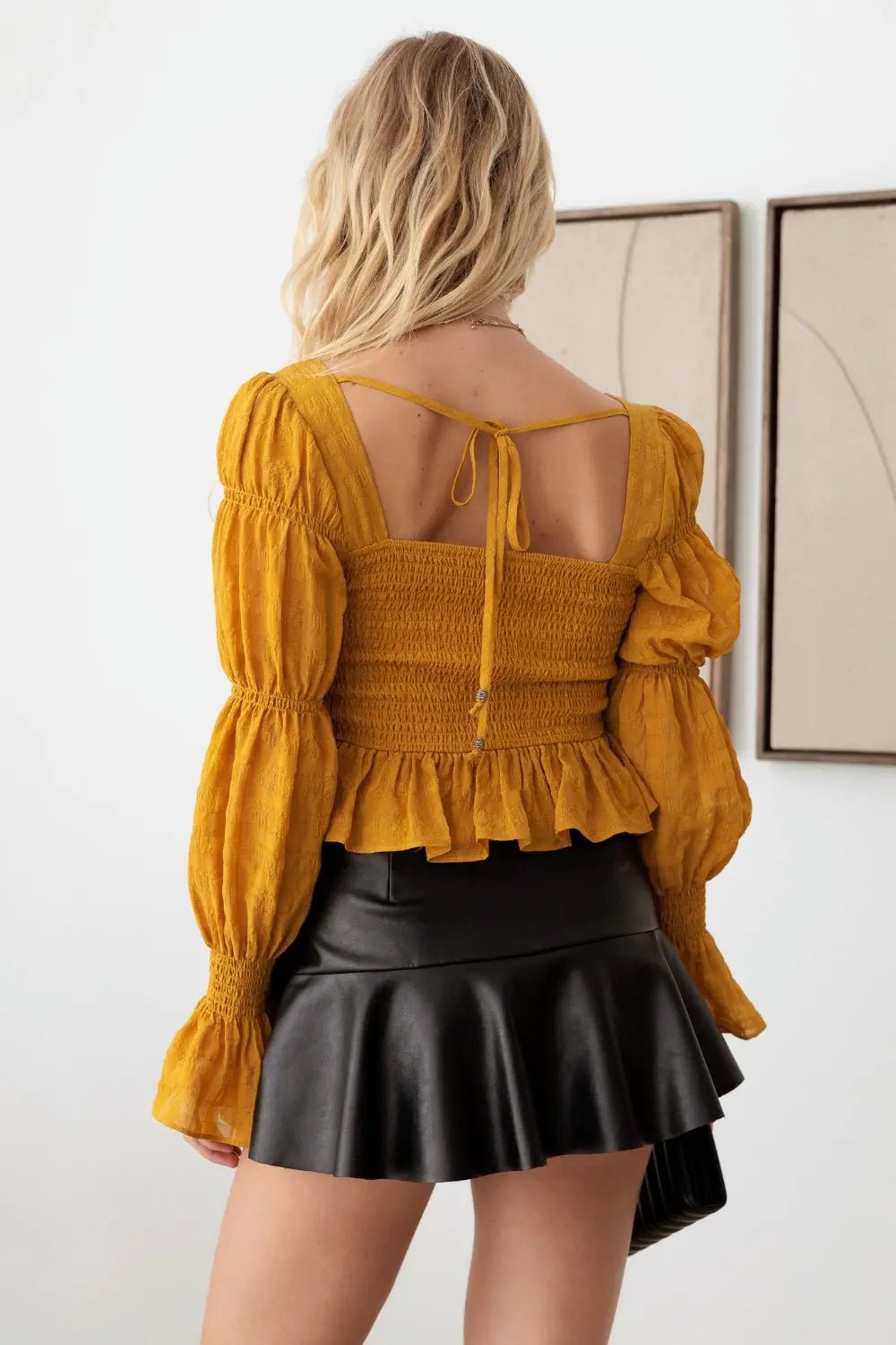 Mustard Seed Boho Shirred Smocked Peplum Long Sleeve Top - Celeste