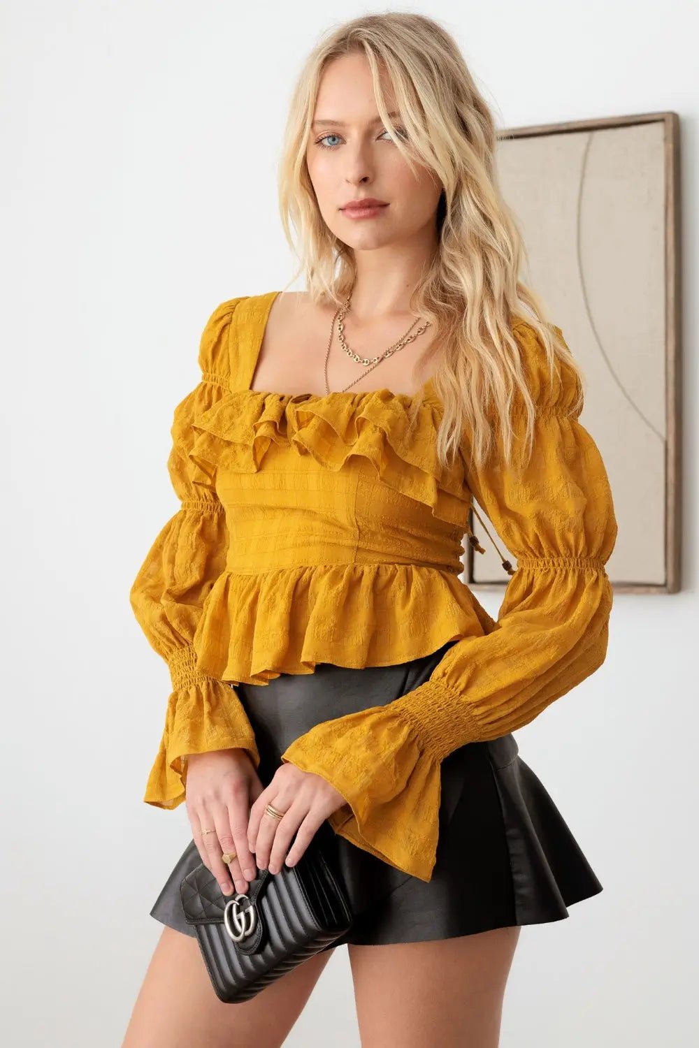 Mustard Seed Boho Shirred Smocked Peplum Long Sleeve Top - Celeste