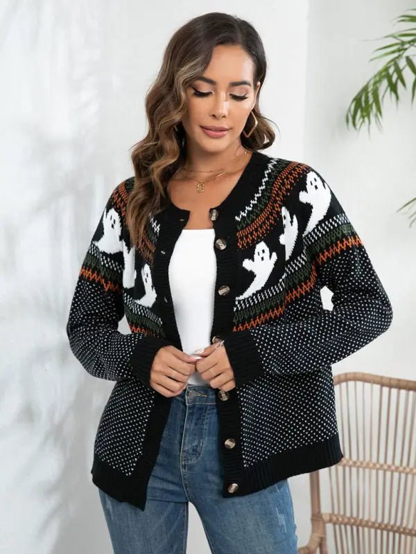 New Halloween ghost retro polka dot long sleeve knitted cardigan sweater - Celeste