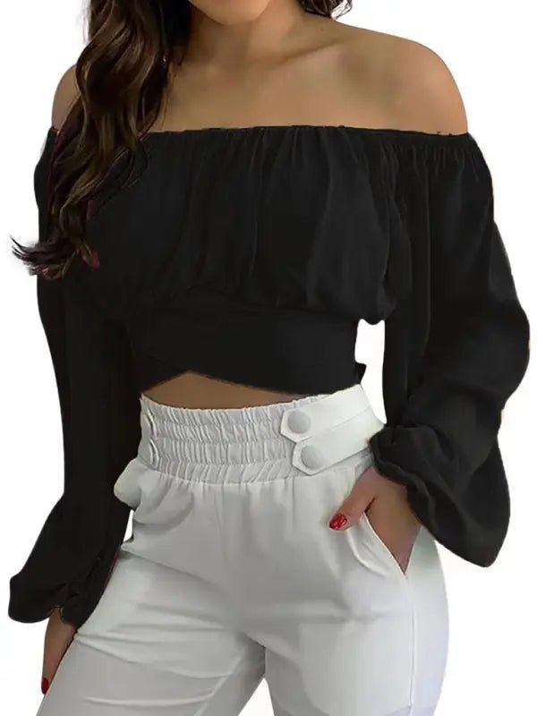 Off - Shoulder Cross Strap Long Sleeve Top - Celeste