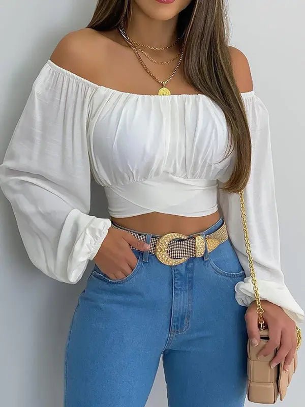 Off - Shoulder Cross Strap Long Sleeve Top - Celeste