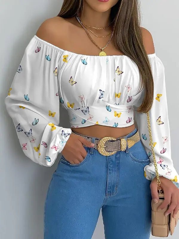 Off - Shoulder Cross Strap Long Sleeve Top - Celeste