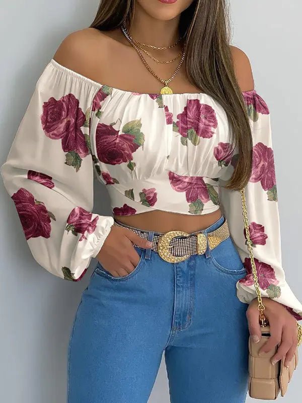 Off - Shoulder Cross Strap Long Sleeve Top - Celeste