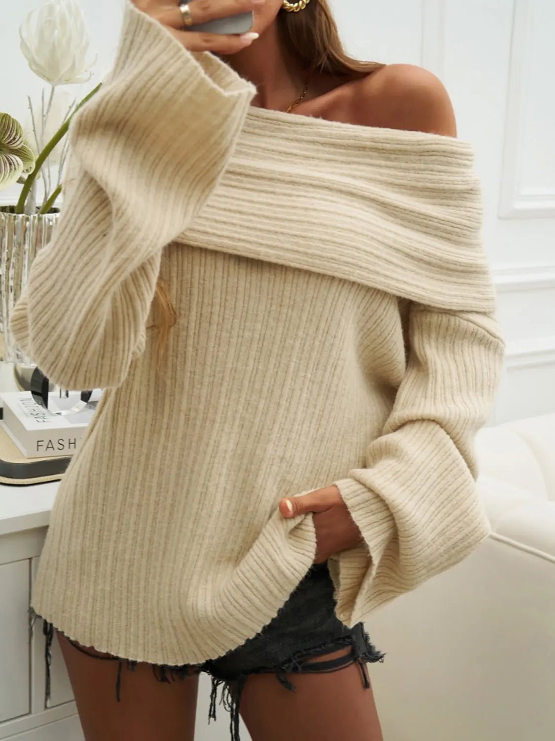 Off - Shoulder Extra - Long Sleeve Sweater - Celeste