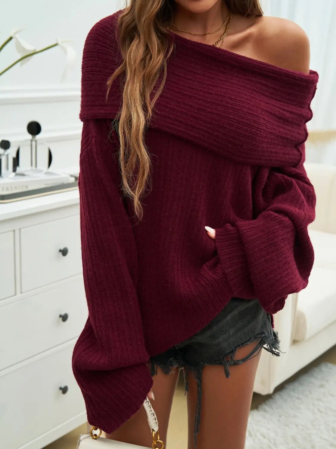 Off - Shoulder Extra - Long Sleeve Sweater - Celeste