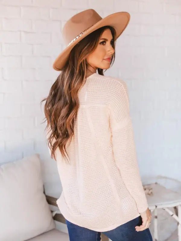 Open Button V - Neck Knit Long Sleeve Top - Celeste