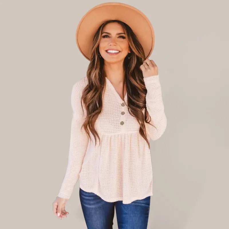 Open Button V - Neck Knit Long Sleeve Top - Celeste