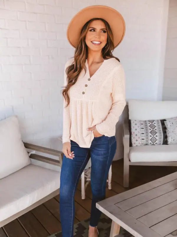 Open Button V - Neck Knit Long Sleeve Top - Celeste