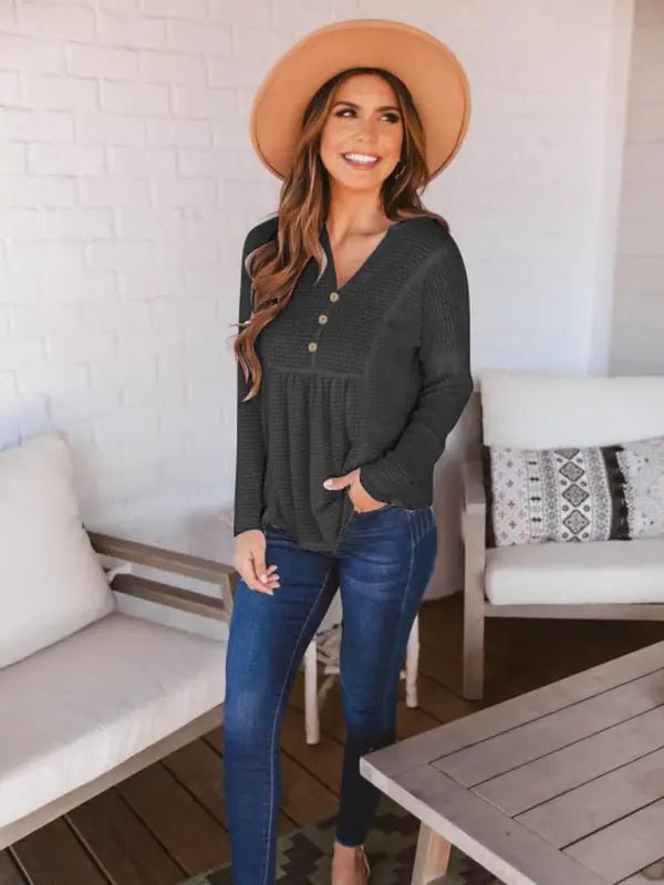 Open Button V - Neck Knit Long Sleeve Top - Celeste