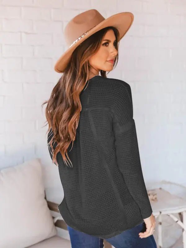 Open Button V - Neck Knit Long Sleeve Top - Celeste