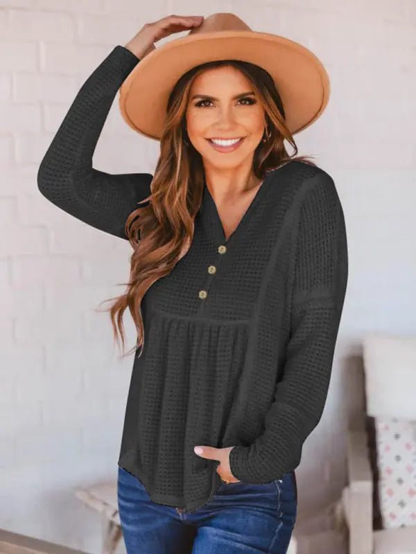 Open Button V - Neck Knit Long Sleeve Top - Celeste