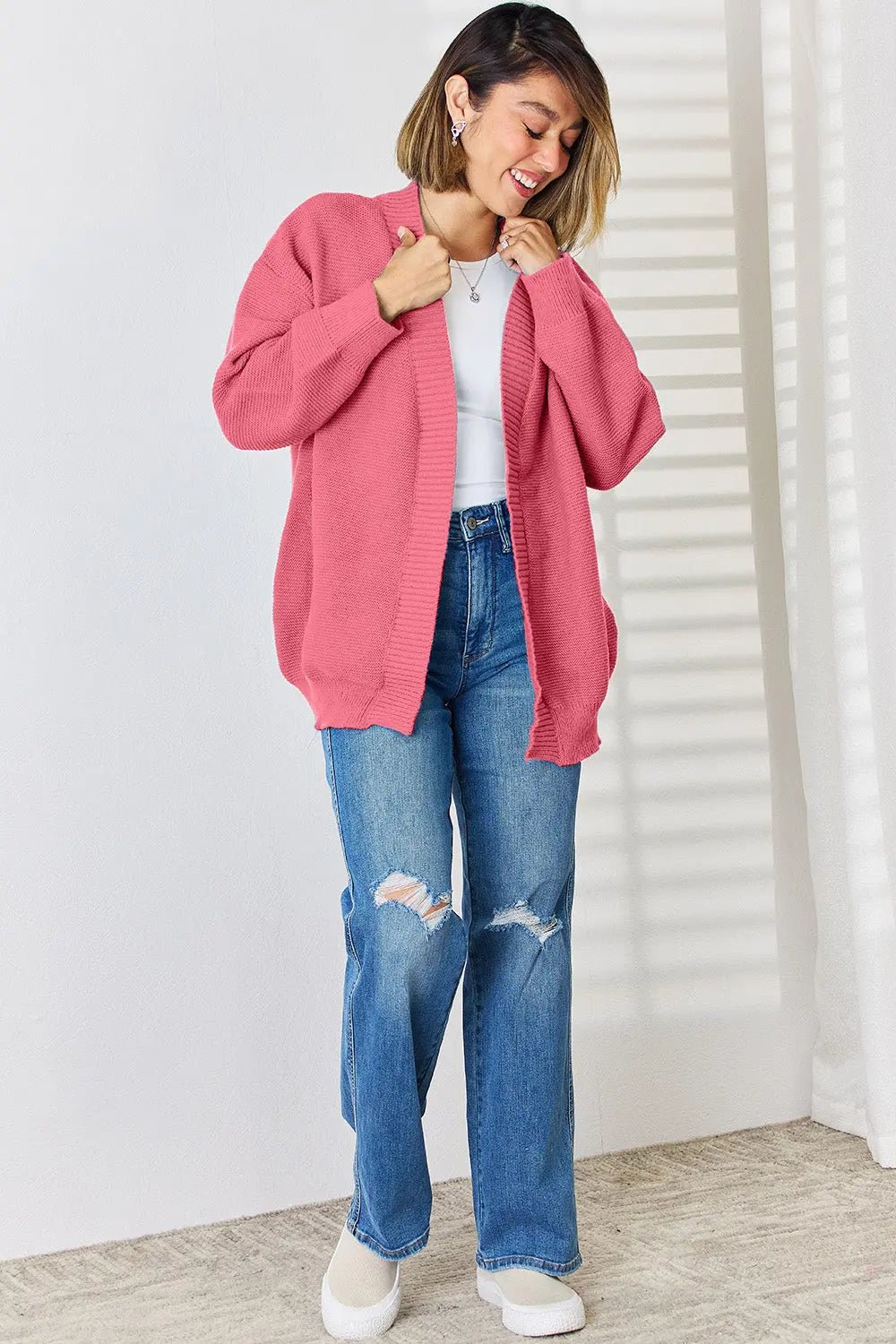 Open Front Dropped Shoulder Cardigan - Celeste