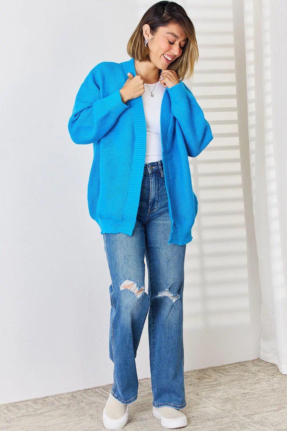 Open Front Dropped Shoulder Cardigan - Celeste