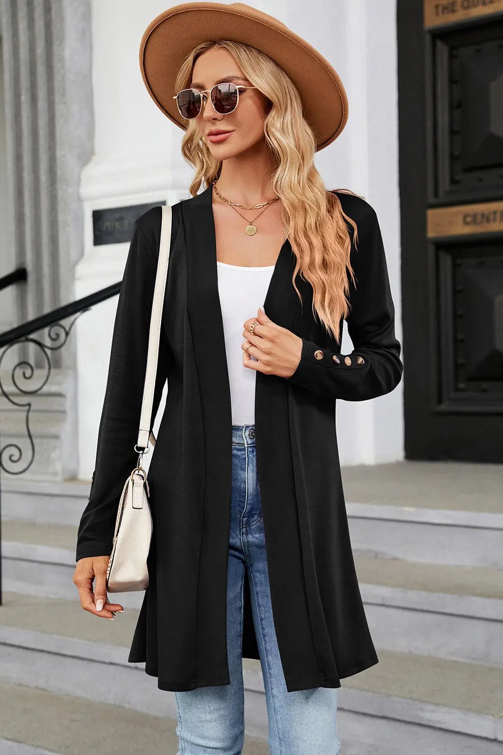 Open Front Long Sleeve Cardigan - Celeste