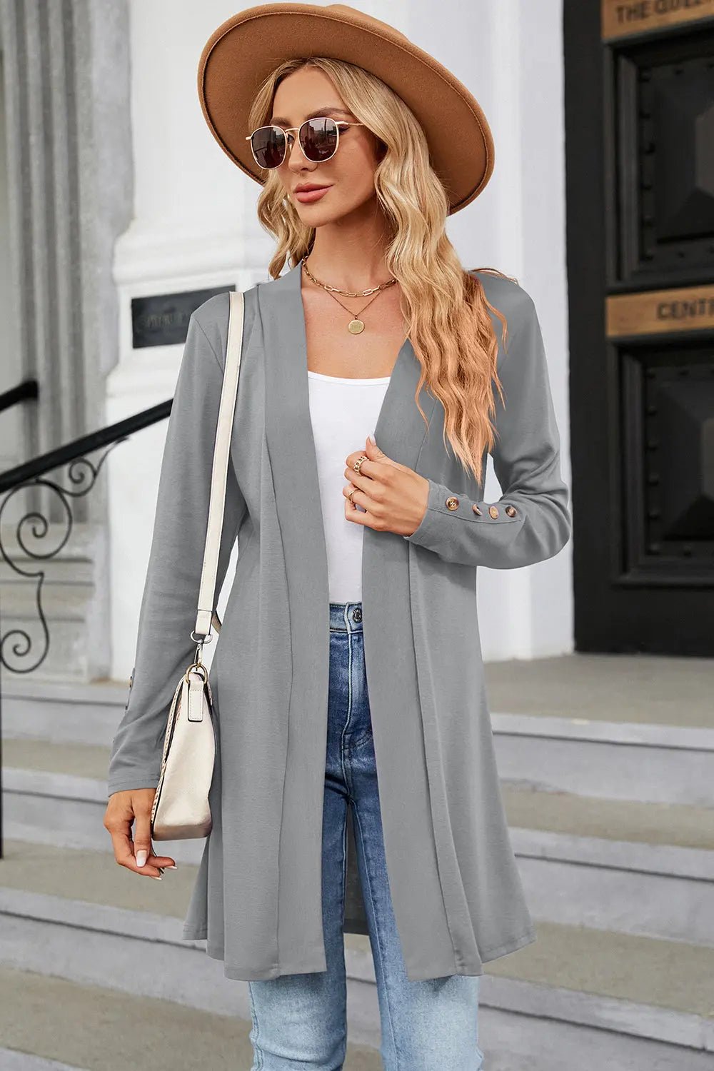 Open Front Long Sleeve Cardigan - Celeste