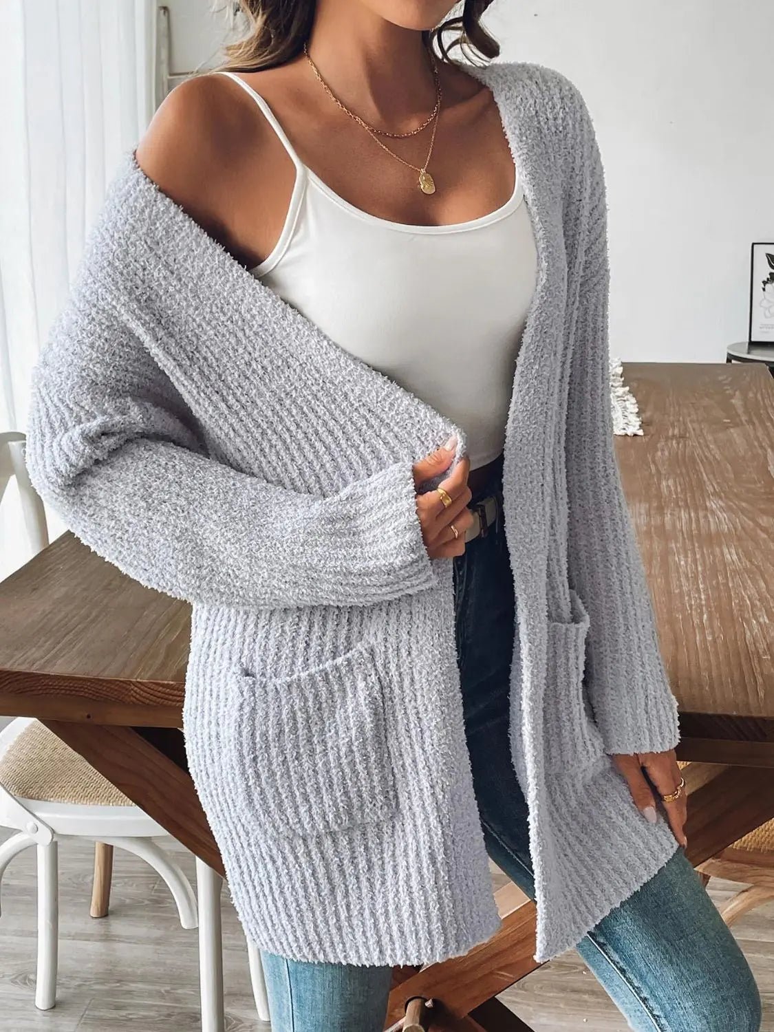 Open Front Long Sleeve Cardigan - Celeste